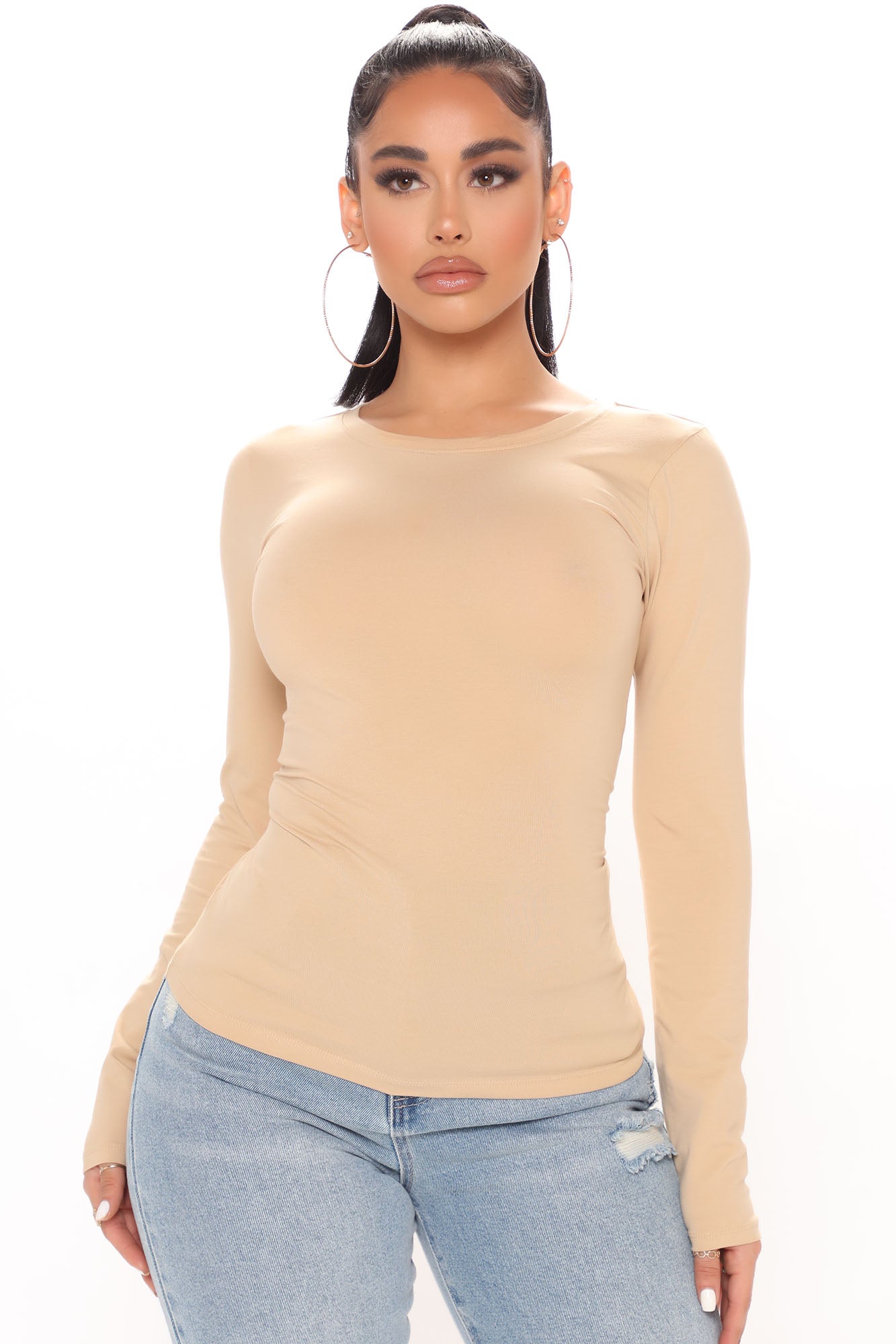 Lily Crew Neck Long Sleeve Top - Mocha | Fashion Nova, Basic Tops