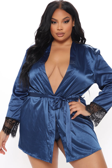 Bring Your Passion Lace Satin Robe - Blue/Black