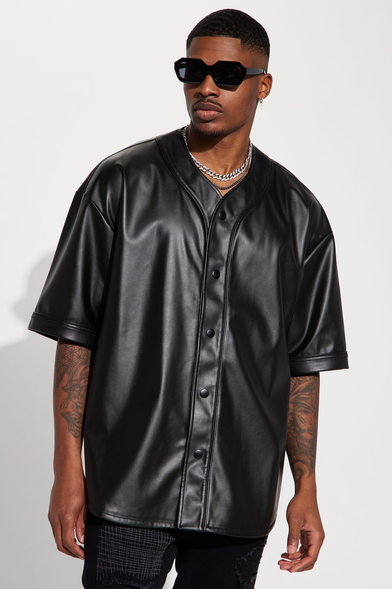 Men's Utility Faux Leather Short Sleeve Button Up Shirt in Black Size Small by Fashion Nova