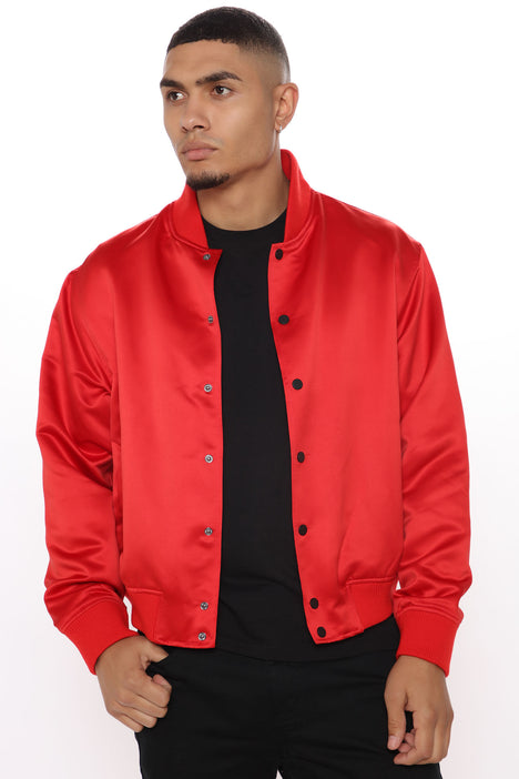 Men's Dodge Demon Satin Bomber Jacket in Black/Red Size Medium by Fashion Nova