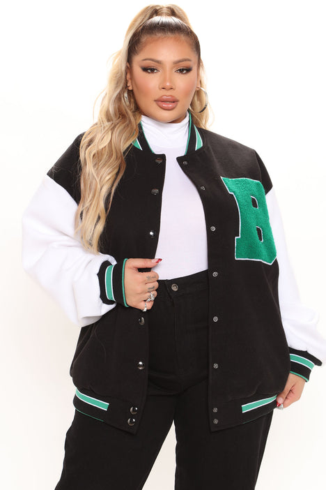 Women's Bright Future Varsity Jacket in Black/Combo Size XL by Fashion Nova
