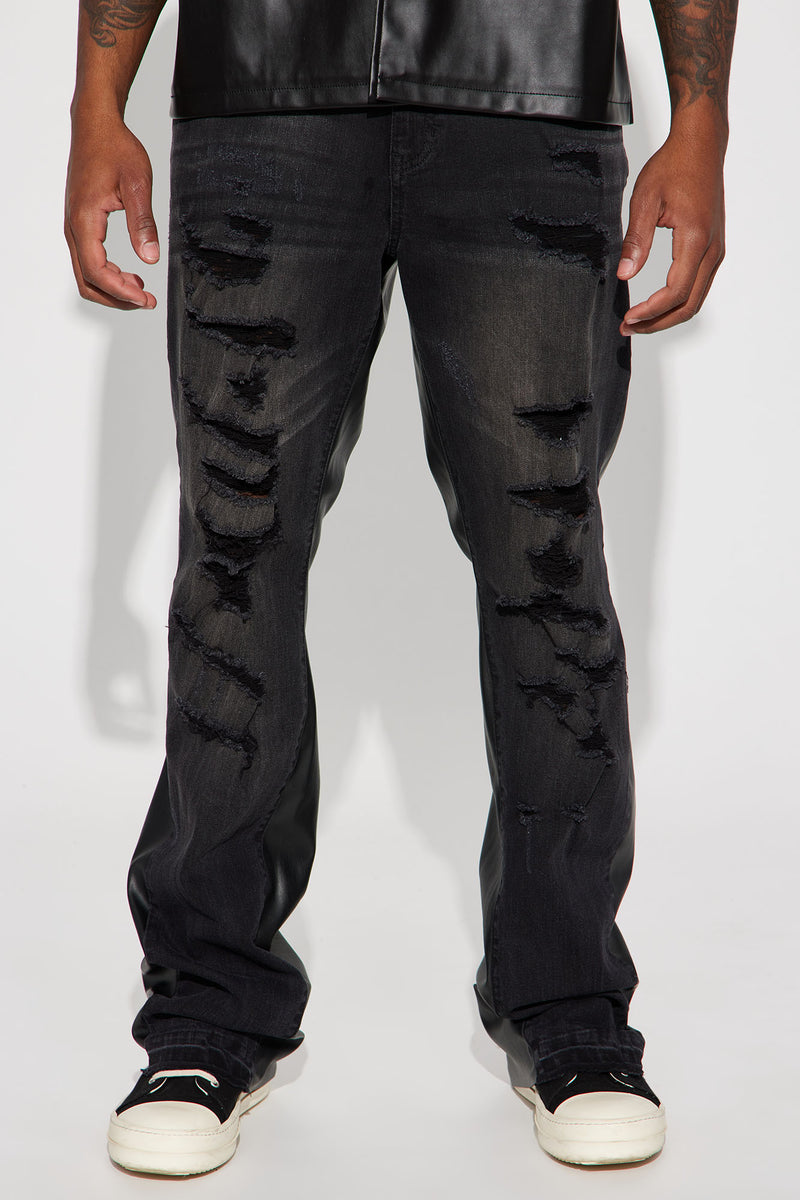 Addicted Faux Leather Panel Slim Stacked Flare Jeans - Black Wash ...