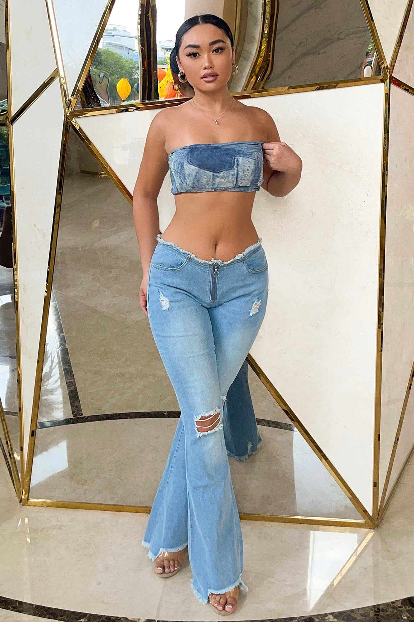 Britney Low Rise Ripped Flared Jeans - Light Blue Wash