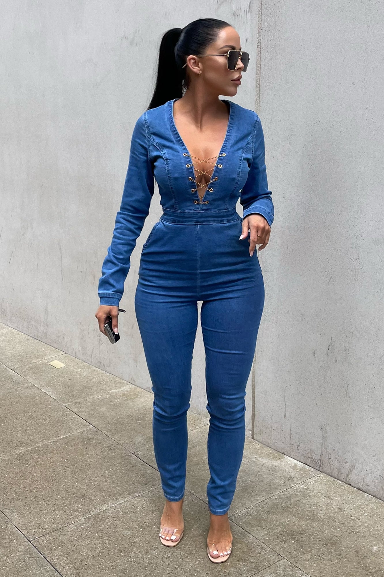 Dropship Indigo Zip Front Elasticated Hem Long Sleeve Denim Jumpsuit to  Sell Online at a Lower Price | Doba