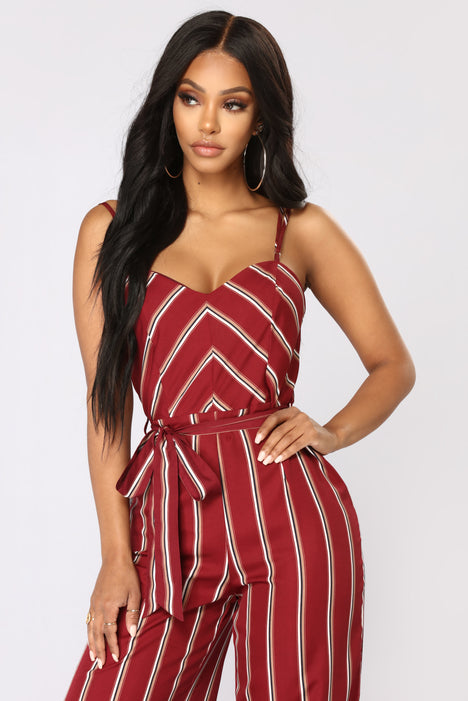 Burgundy and cheap white striped jumpsuit