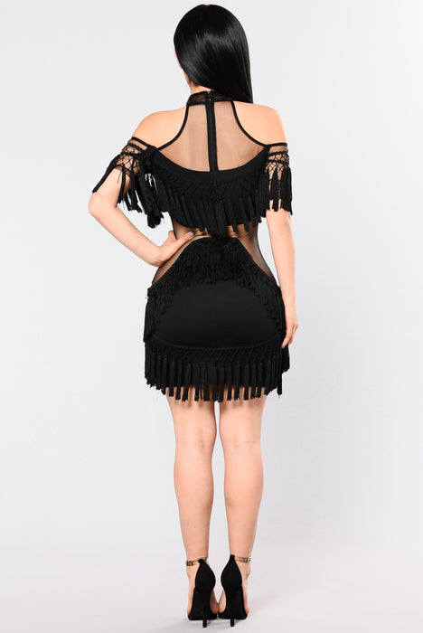 Black fringe dress top fashion nova