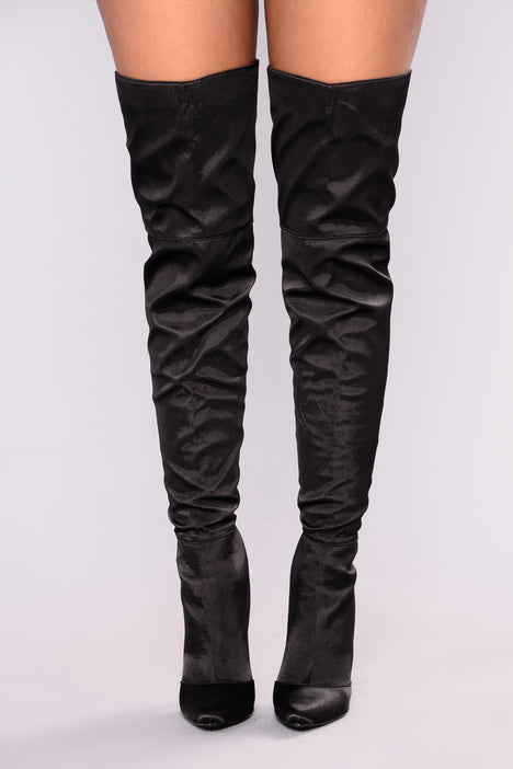 Black satin over the clearance knee boots