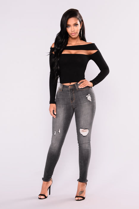 Cropped Lines Cut Out Top - Black