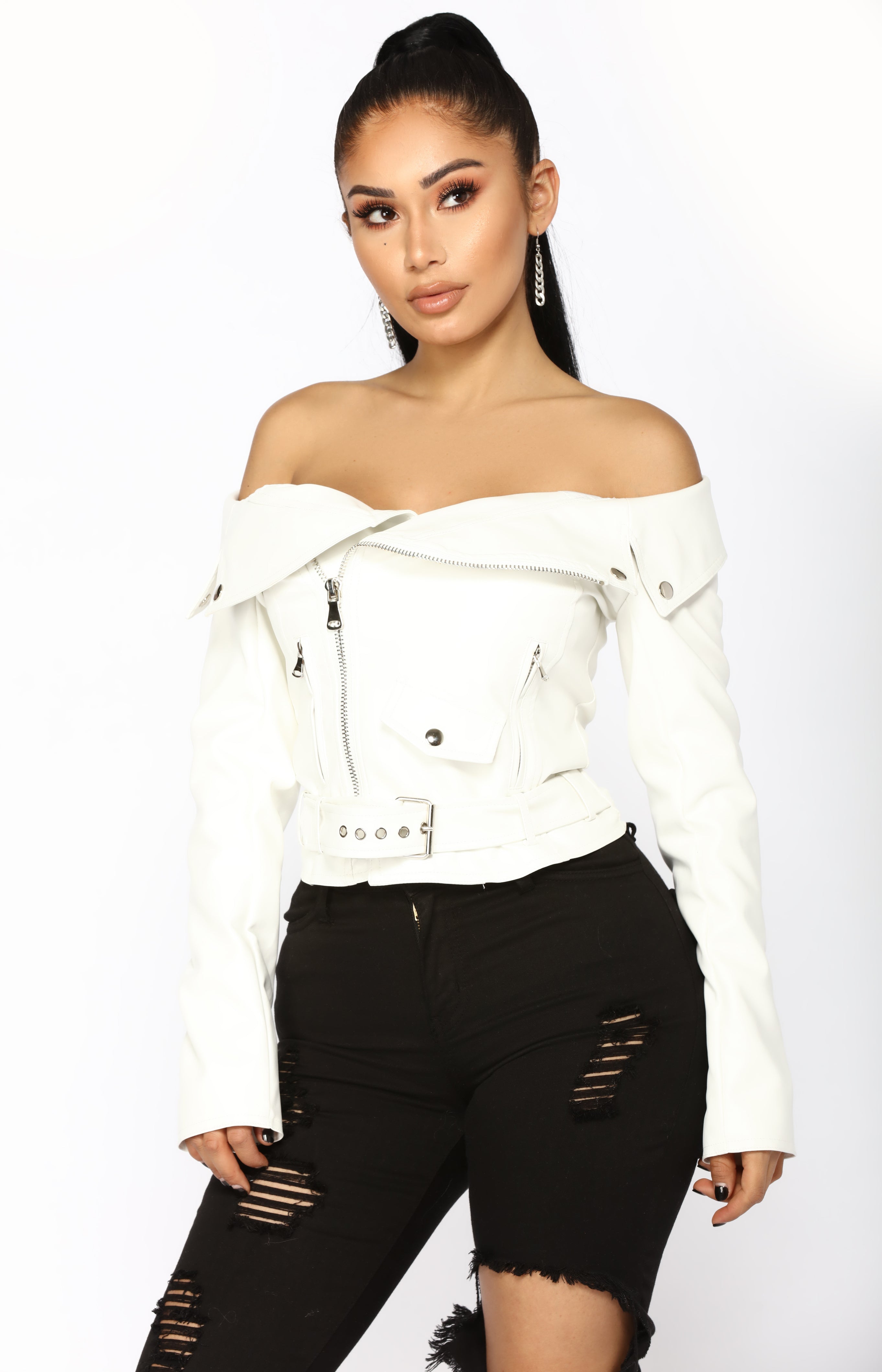 Off the shoulder shop leather jacket fashion nova