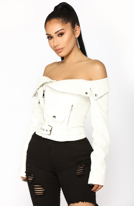 Off the shoulder deals leather jacket fashion nova