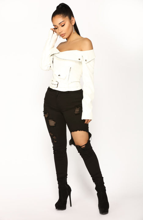 Off the shoulder deals leather jacket fashion nova