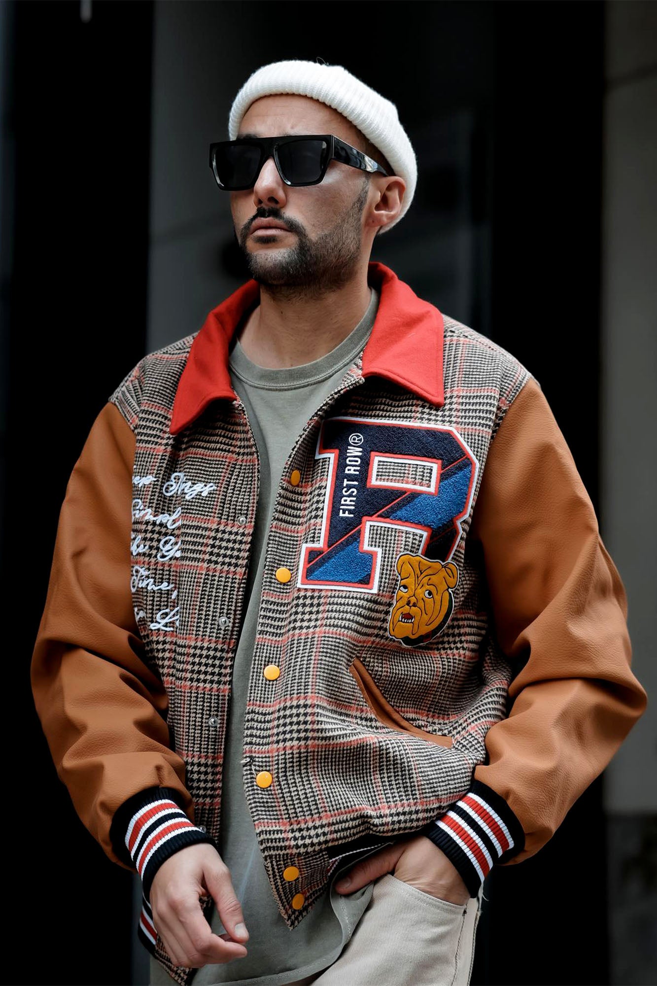 street style  Varsity jacket outfit, Jacket outfits, Brown jacket