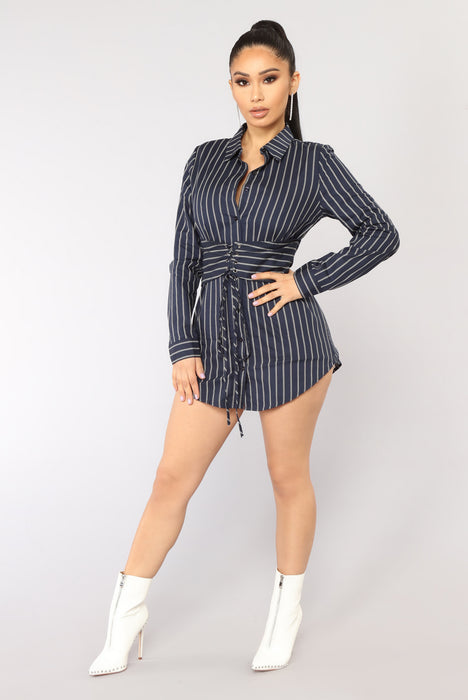 Well Suited Striped Shirt Dress Navy