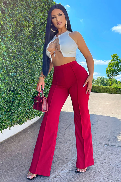 Red High Rise Wide Leg Pants